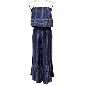 Japna Women's Strapless Smocked Flowy Jumpsuit Blue Paisley Wide Leg Size XS New
